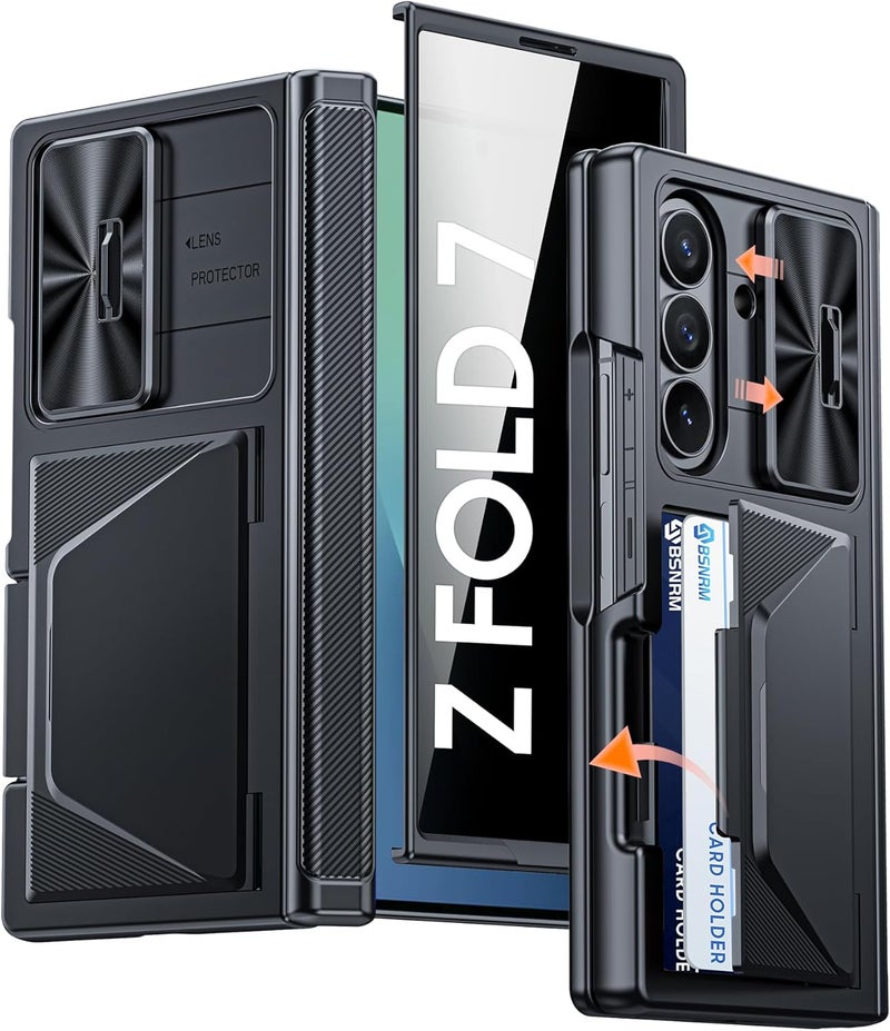 BSNRM for Samsung Galaxy Z Fold 7 Case with Card Holder RFID Blocking [Privacy Screen Protector ] [Slide Lens Cover] [Hinge Protection] Shockproof Protective Phone Wallet Case for Z Fold 7 (Black) - Image 1